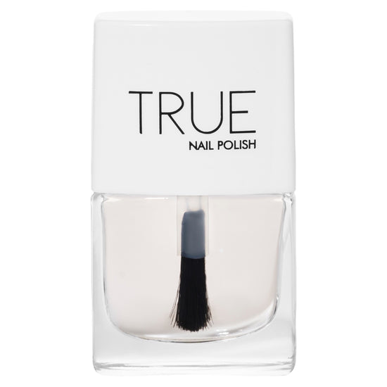 A bottle of Base & Top Coat, a clear polish, providing a protective  base and shiny finish to your manicurefrom True Nail Polish