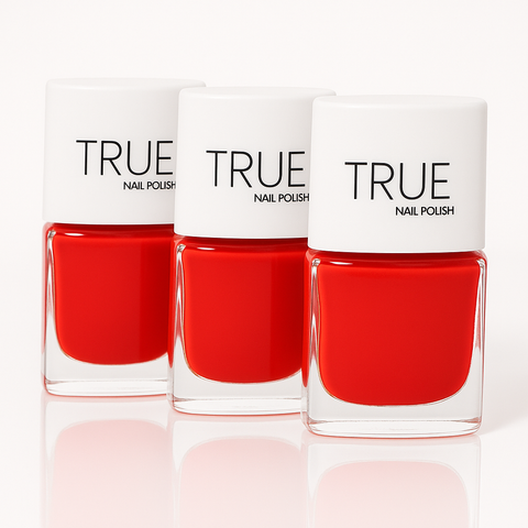 Red nail polish from True Nail Polish. Vegan, cruelty free, breathable, plant based and nontoxic. 