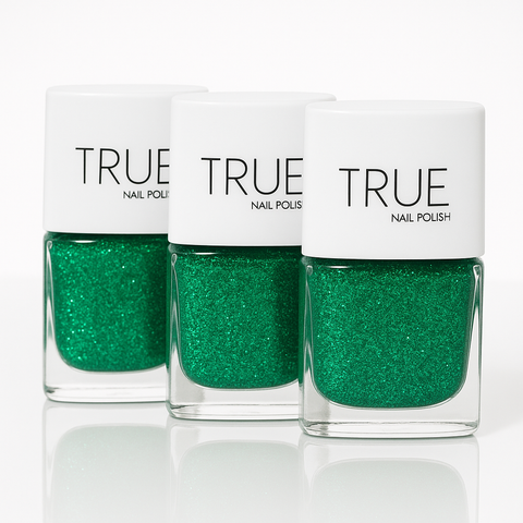 Glitter nail polish from True Nail Polish. Vegan, cruelty free, breathable, plant based and nontoxic. 