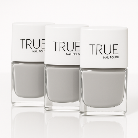 Grey nail polish from True Nail Polish. Vegan, cruelty free, breathable, plant based and nontoxic. 