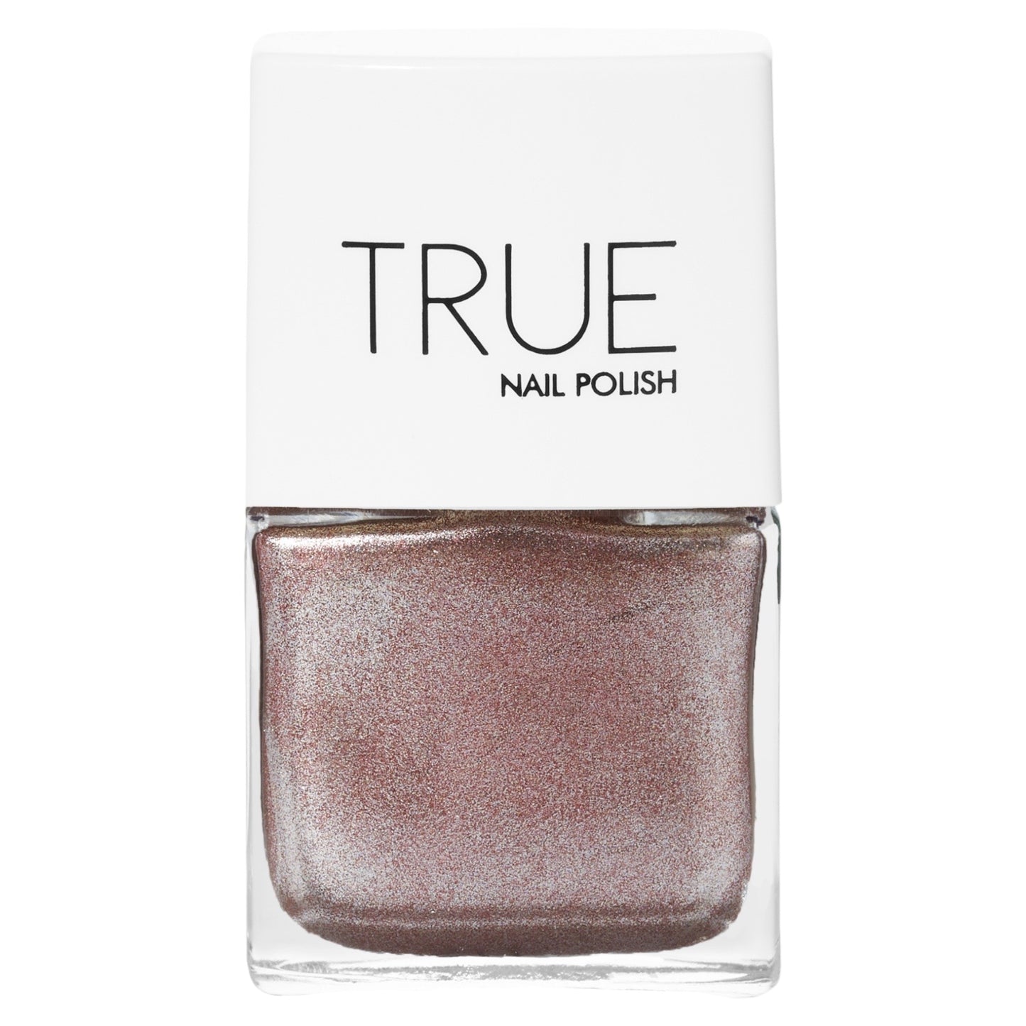 A bottle of Fantasy, a rose gold glitter shade from True Nail Polish