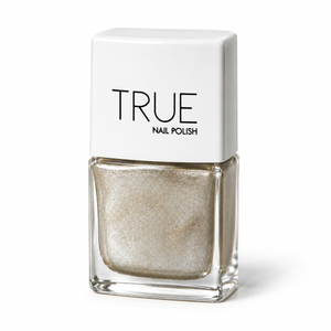 Bottle of 24 Carat metallic gold vegan nail polish by TRUE Nail Polish with mirror-like shine, glossy gel-effect finish and long-lasting chip-resistant formula.