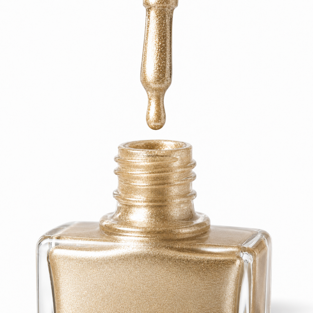 Bottle of 24 Carat metallic gold vegan nail polish by TRUE Nail Polish with mirror-like shine, glossy gel-effect finish and long-lasting chip-resistant formula.