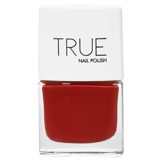 A bottle of Spiced Rum, a deep red  shade from True Nail Polish