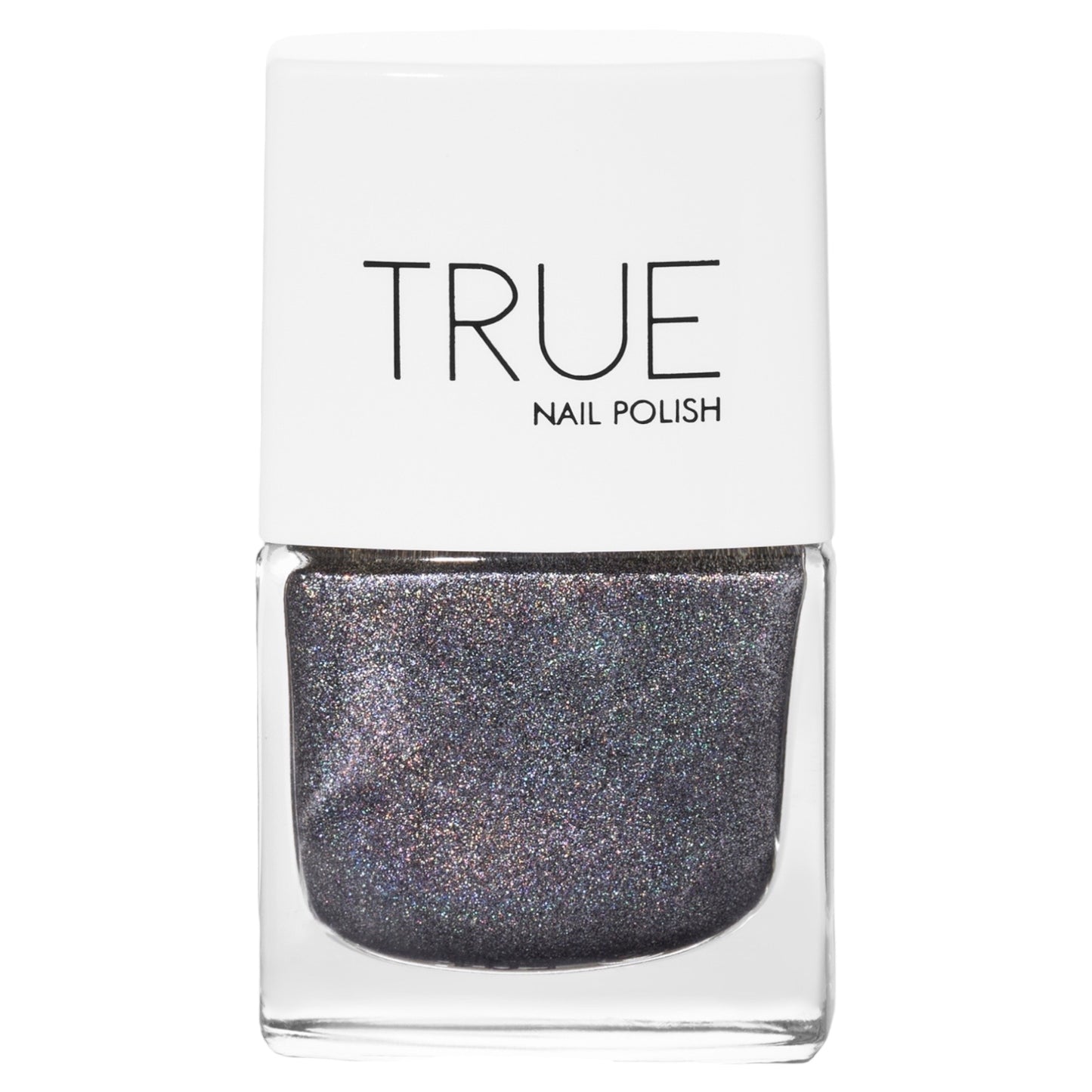 A bottle of Extravaganza, a grey holographic glitter shade from True Nail Polish