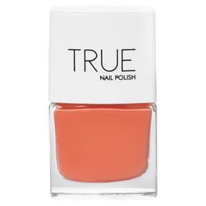 A bottle of Ibizan Sunset, an orange shade from True Nail Polish