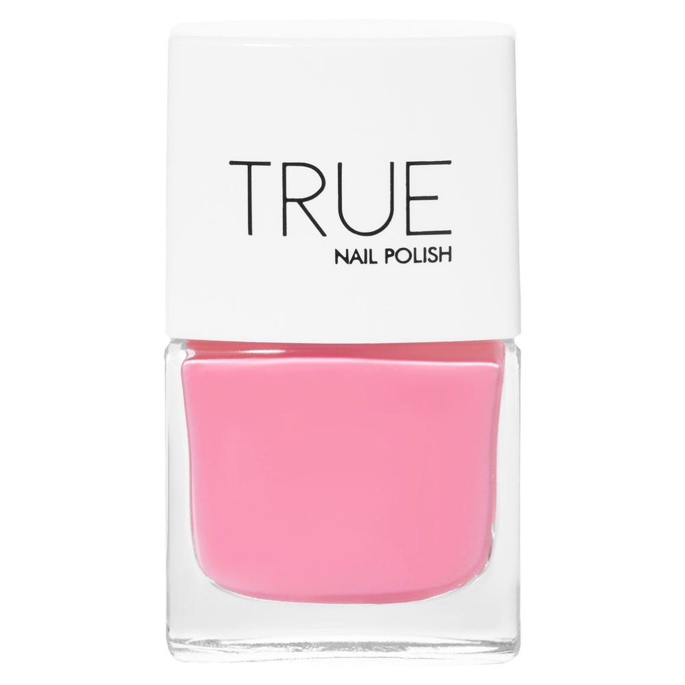 A bottle of Aloha, a bright pink shade from True Nail Polish