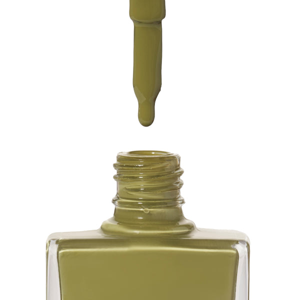 A bottle of Outlaw a khaki green shade from True Nail Polish