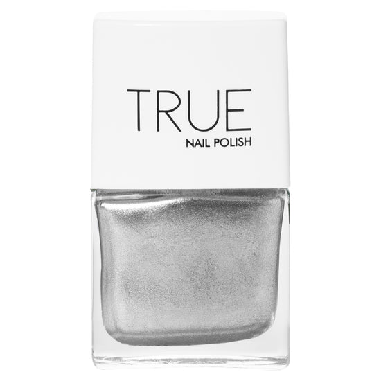 A bottle of Mirror Mirror a silver glitter shade from True Nail Polish