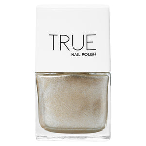 TRUE Nail Polish bottle in shimmering metallic gold shade – vegan, cruelty-free, quick-dry formula