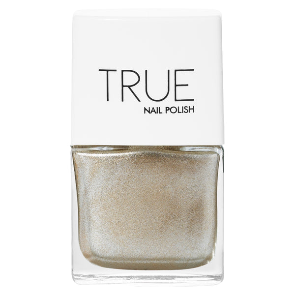 TRUE Nail Polish bottle in shimmering metallic gold shade – vegan, cruelty-free, quick-dry formula