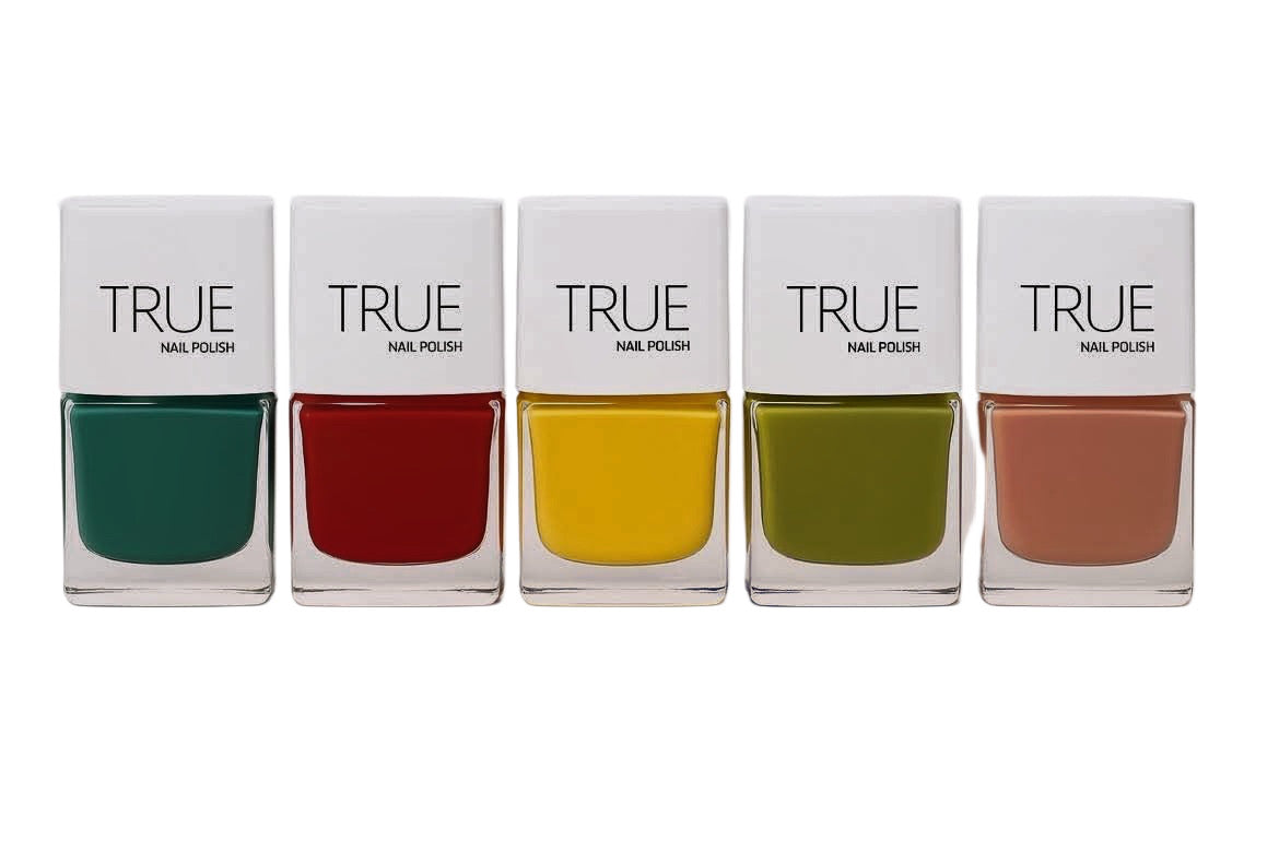 Five bottles of TRUE nail polish in different colors on a white background