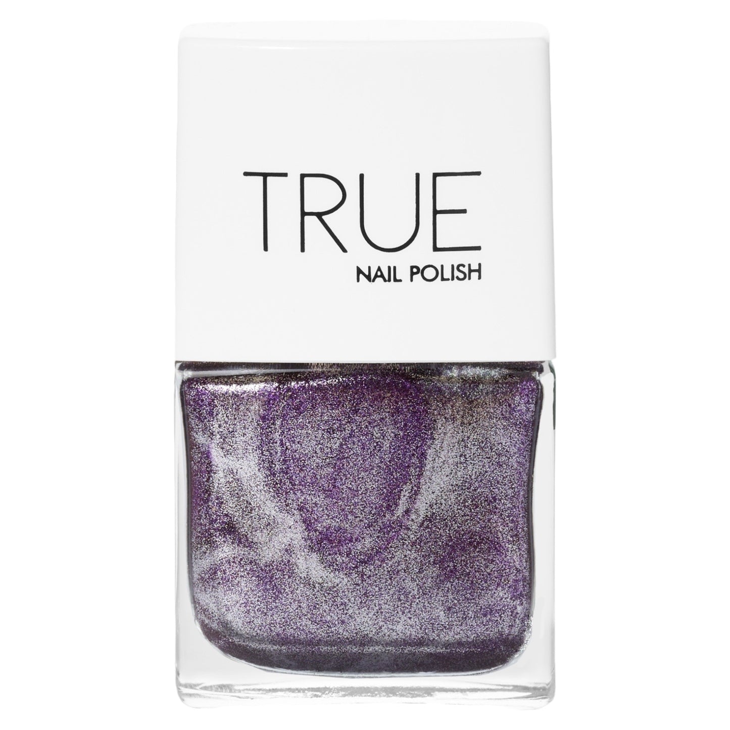 A bottle of Goddess, a purple glitter shade from True Nail Polish