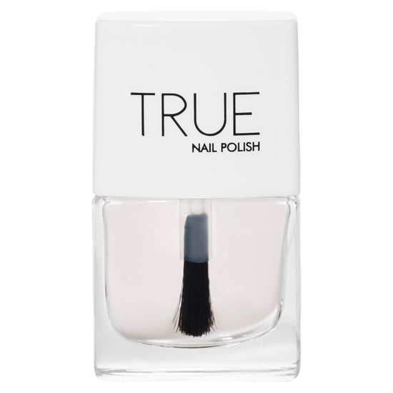 A bottle of High Gloss Top Coat, a clear shade from True Nail Polish that provides a glossy finish 