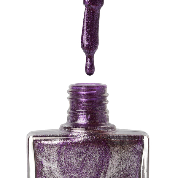 A bottle of Goddess, a purple glitter shade from True Nail Polish