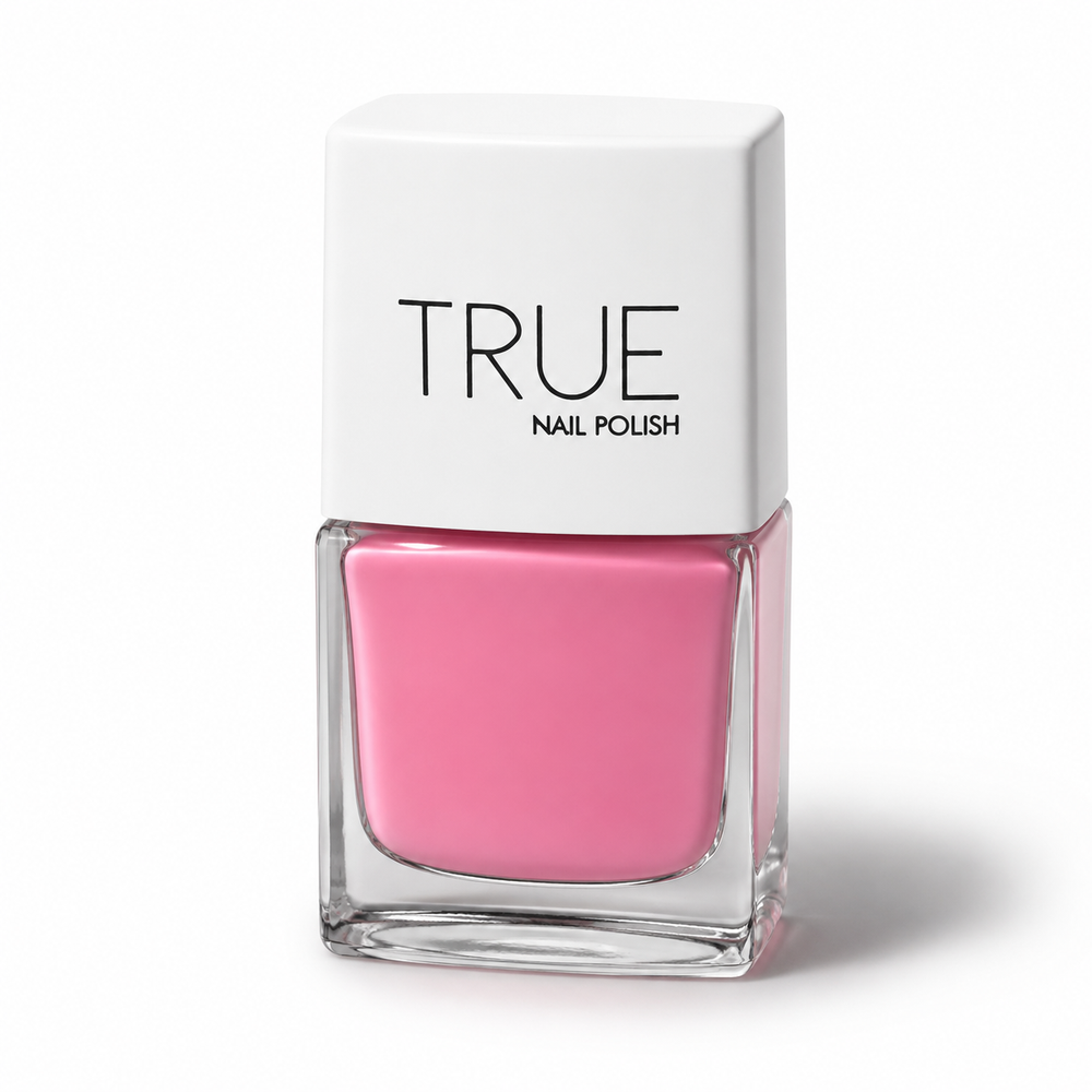 Bottle of Aloha hot pink vegan nail polish by TRUE Nail Polish with a glossy gel-effect finish and long-lasting chip-resistant formula.