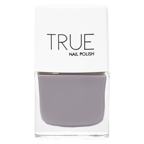 A bottle of Wisdom, a pale grey shade  from True Nail Polish