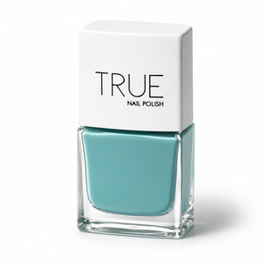 Bottle of Beach Club turquoise blue vegan nail polish by TRUE Nail Polish with a glossy gel-effect finish, vibrant colour and long-lasting chip-resistant formula.