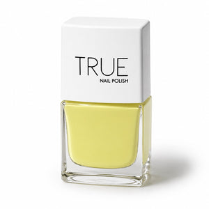 Bottle of Bikini bright yellow vegan nail polish by TRUE Nail Polish with a glossy gel-effect finish, vibrant colour and long-lasting chip-resistant formula.