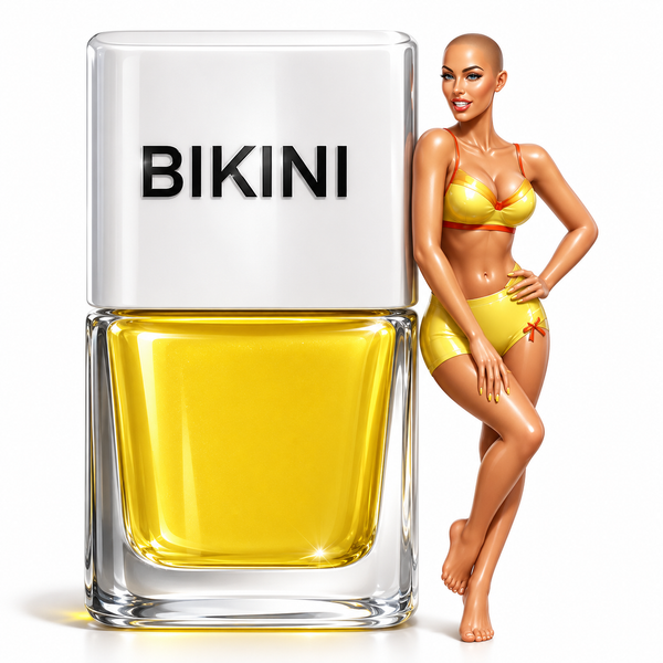 Bikini by TRUE Nail Polish, a bold bright yellow vegan nail polish with long-lasting colour, brilliant shine and a professional salon-quality finish. true nail polish pin-up