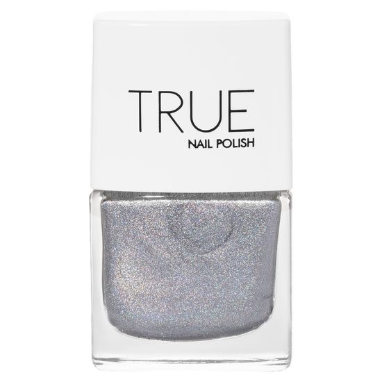 A bottle of Phenomenon, a silver holographic glitter shade from True Nail Polish