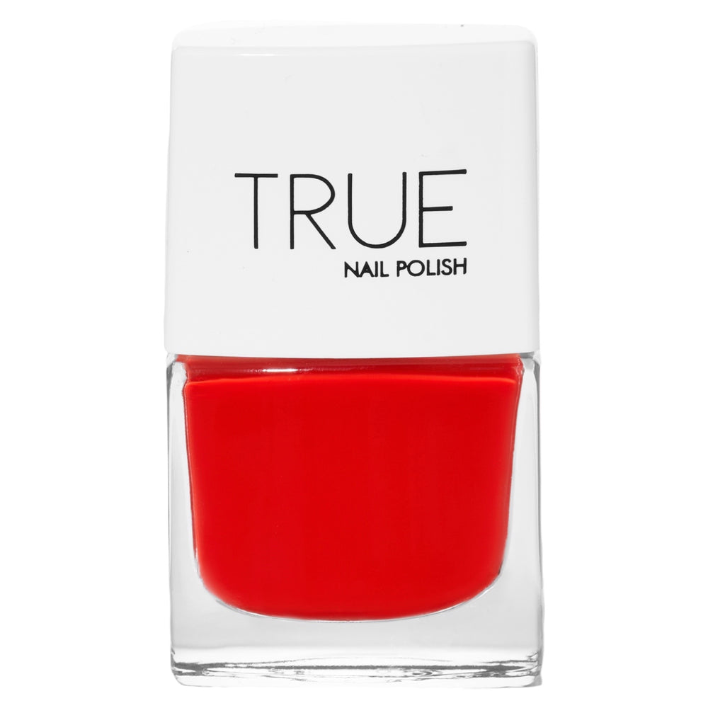 A bottle of Lipstick On Your Collar, a bright red shade from True Nail Polish