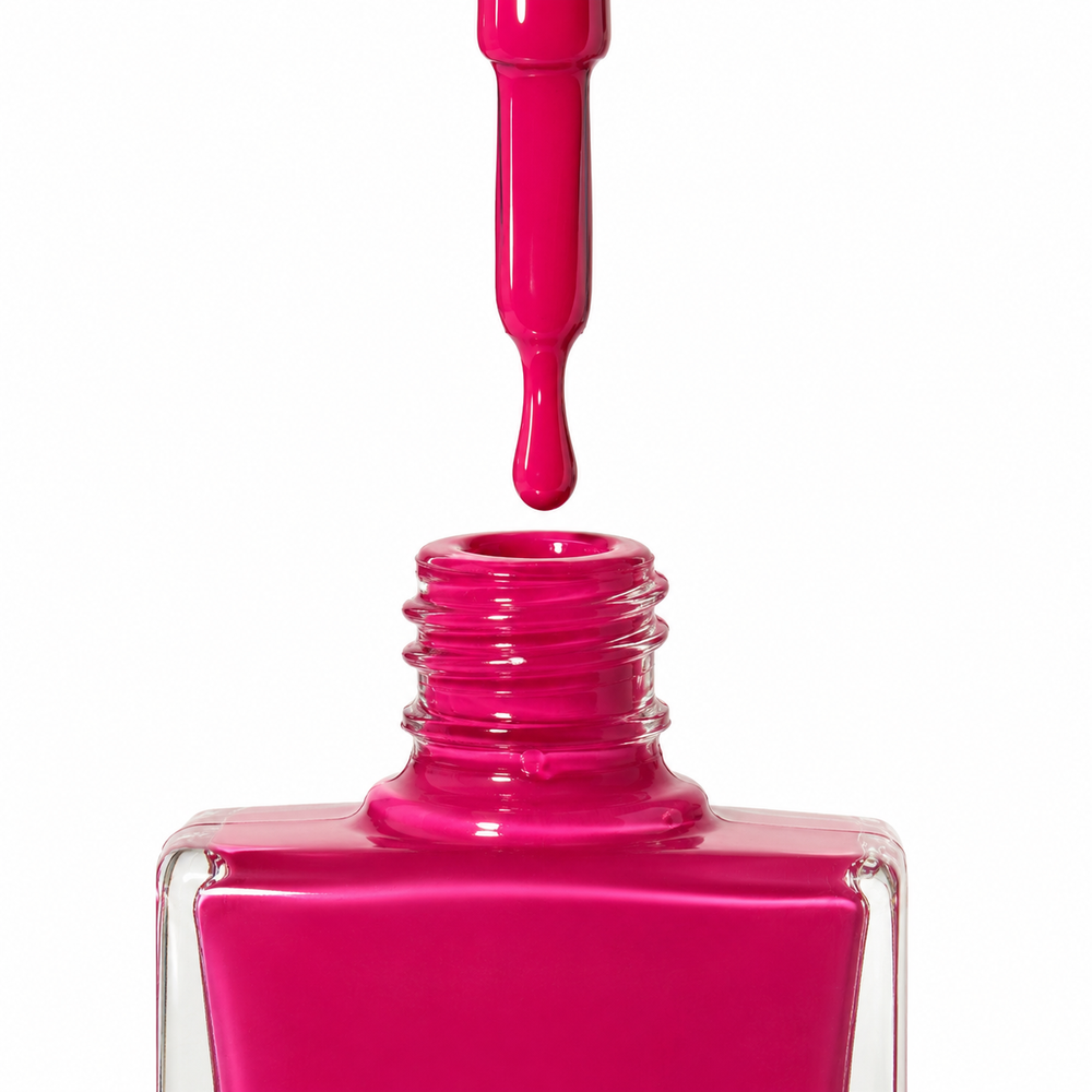 A bottle of TRUE Nail Polish in a vibrant magenta pink shade, called senorita featuring a white cap with the brand name 'TRUE' printed in black, set against a clean white background.