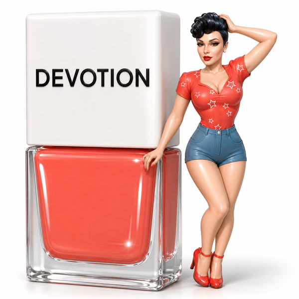 Devotion by TRUE Nail Polish, a vibrant coral vegan nail polish with brilliant shine, long-lasting colour and a professional salon-quality finish. true nail polish pin-up
