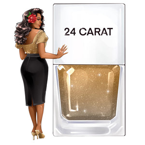 TRUE 24 CARAT vegan gold nail polish with illustration of stylish woman in gold blouse, black skirt, and red flower in hair