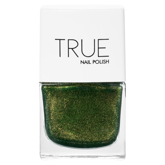 A bottle of Lucky Charm, a green glitter shade from True Nail Polish