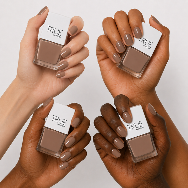 Manicure wearing Empathy cocoa brown , nude nail polish by TRUE Nail Polish with a glossy gel-effect finish, perfect for autumn, office wear and elegant everyday style.
