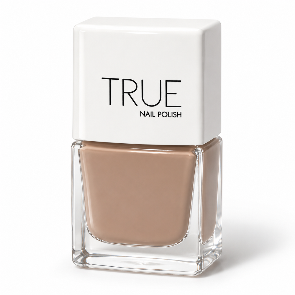Bottle of Empathy cocoa brown, latte brown, nude ,taupe vegan nail polish by TRUE Nail Polish with a glossy gel-effect finish and long-lasting chip-resistant formula.
