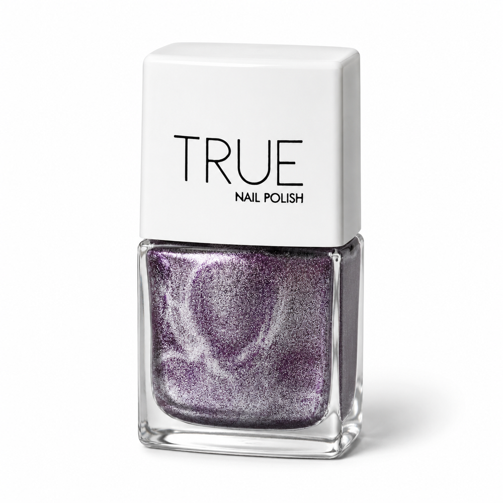 Bottle of Goddess purple glitter vegan nail polish by TRUE Nail Polish with a glossy gel-effect finish and long-lasting chip-resistant formula.