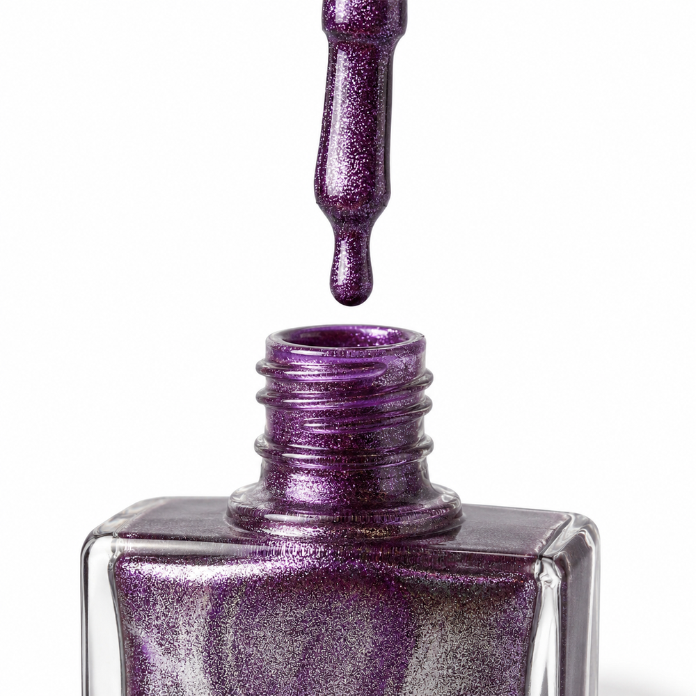 Bottle of Goddess purple glitter vegan nail polish by TRUE Nail Polish with a glossy gel-effect finish and long-lasting chip-resistant formula.