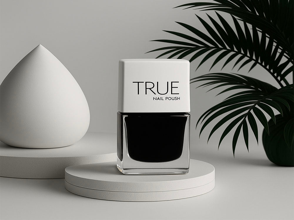 True nail polish bottle on a white platform with a gray background and plant