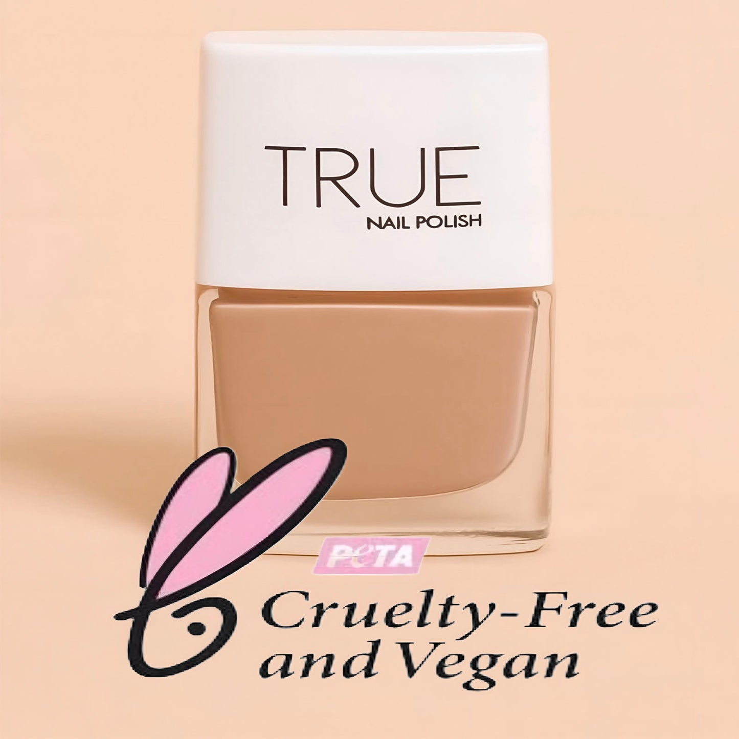 True Nail Polish bottle with PETA cruelty-free and vegan certification logo on a beige background
