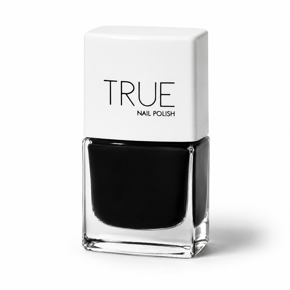 Bottle of L.B.D jet black vegan nail polish by TRUE Nail Polish with a glossy gel-effect finish and long-lasting chip-resistant formula.