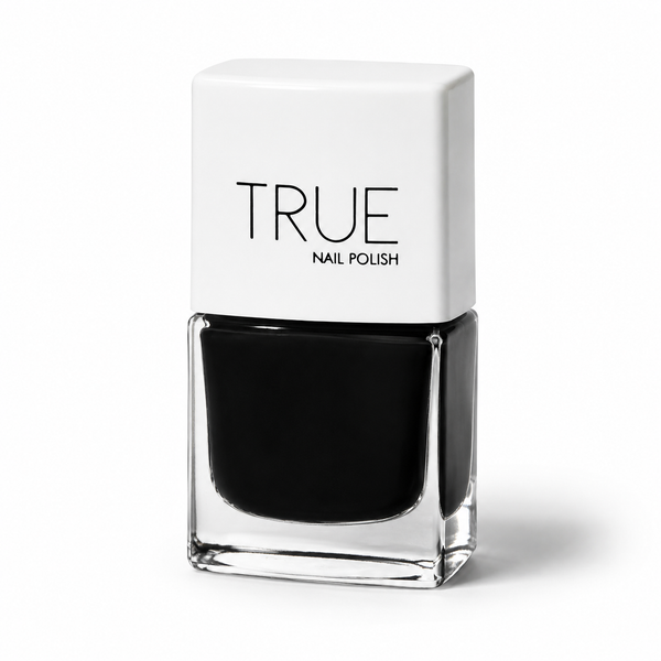 Bottle of L.B.D jet black vegan nail polish by TRUE Nail Polish with a glossy gel-effect finish and long-lasting chip-resistant formula.