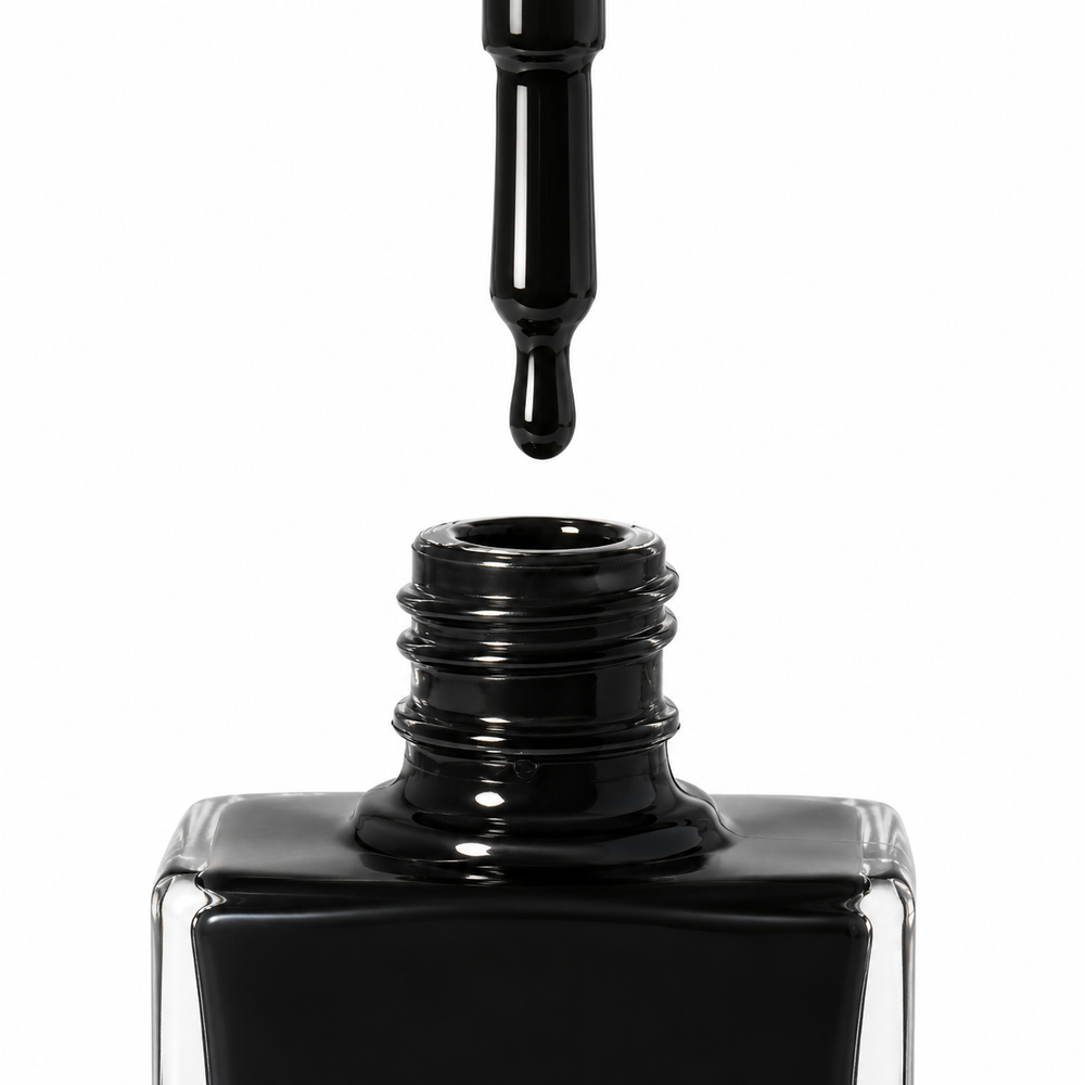 Bottle of L.B.D jet black vegan nail polish by TRUE Nail Polish with a glossy gel-effect finish and long-lasting chip-resistant formula.