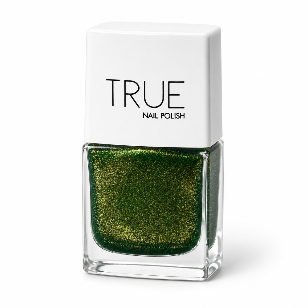Bottle of Lucky Charm emerald green glitter vegan nail polish by TRUE Nail Polish with a glossy gel-effect finish and long-lasting chip-resistant formula.