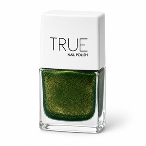 Bottle of Lucky Charm emerald green glitter vegan nail polish by TRUE Nail Polish with a glossy gel-effect finish and long-lasting chip-resistant formula.