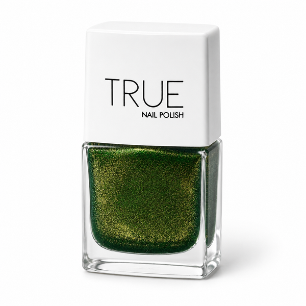 Bottle of Lucky Charm emerald green glitter vegan nail polish by TRUE Nail Polish with a glossy gel-effect finish and long-lasting chip-resistant formula.