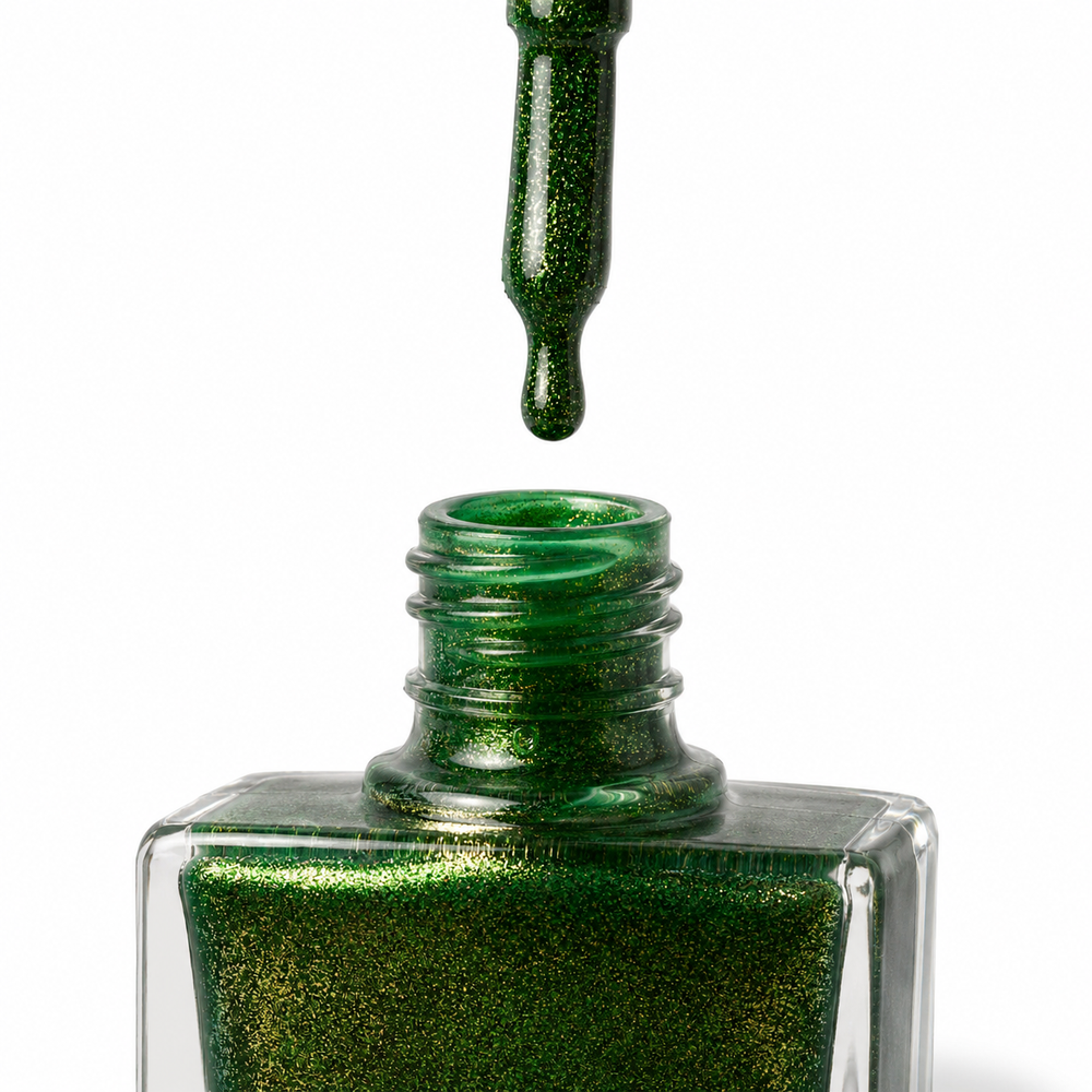 Bottle of Lucky Charm emerald green glitter vegan nail polish by TRUE Nail Polish with a glossy gel-effect finish and long-lasting chip-resistant formula.