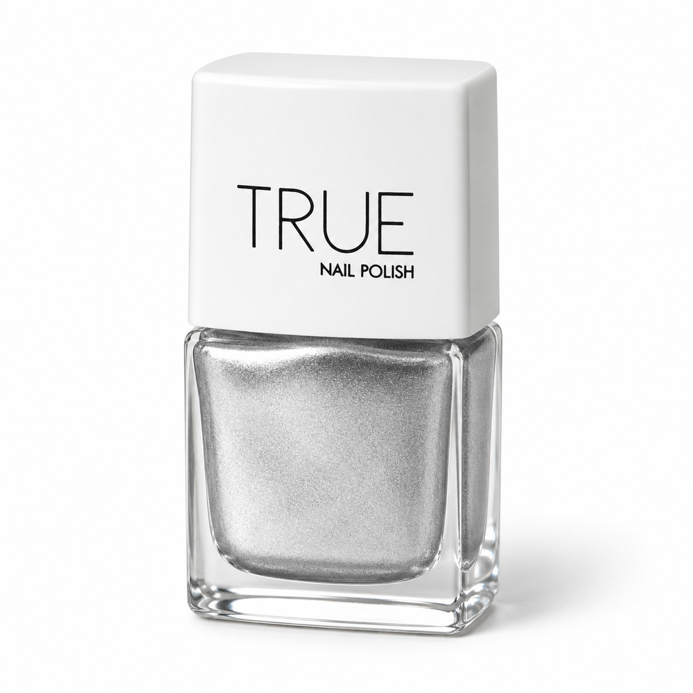 Bottle of Mirror Mirror reflective silver glitter vegan nail polish by TRUE Nail Polish with a glossy gel-effect finish and long-lasting chip-resistant formula.
