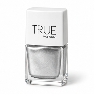 Bottle of Mirror Mirror reflective silver glitter vegan nail polish by TRUE Nail Polish with a glossy gel-effect finish and long-lasting chip-resistant formula.
