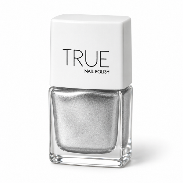 Bottle of Mirror Mirror reflective silver glitter vegan nail polish by TRUE Nail Polish with a glossy gel-effect finish and long-lasting chip-resistant formula.