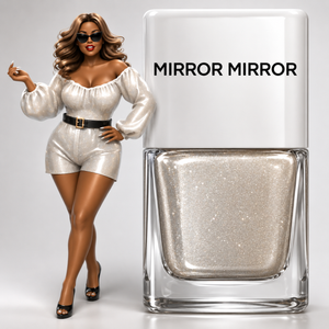 A bottle of shimmering glitter metallic silver nail polish stands next to a stylized female figurine wearing a metallic silver off-the-shoulder outfit and black heels. The bottle has a white cap with the text 'MIRROR MIRROR' and a clear glass base showing the glittery polish inside.