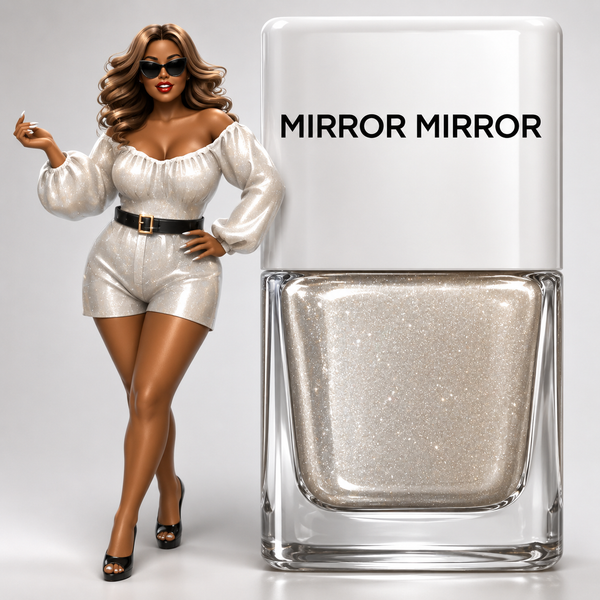A bottle of shimmering glitter metallic silver nail polish stands next to a stylized female figurine wearing a metallic silver off-the-shoulder outfit and black heels. The bottle has a white cap with the text 'MIRROR MIRROR' and a clear glass base showing the glittery polish inside.