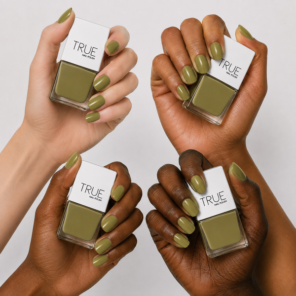 Manicure wearing Outlaw khaki green nail polish by TRUE Nail Polish with a glossy gel-effect finish, perfect for autumn, everyday wear and fashion-forward nail looks.