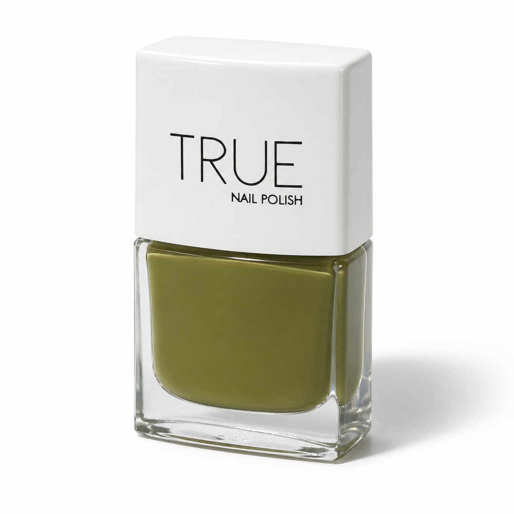 Bottle of Outlaw khaki green vegan nail polish by TRUE Nail Polish with a glossy gel-effect finish and long-lasting chip-resistant formula.